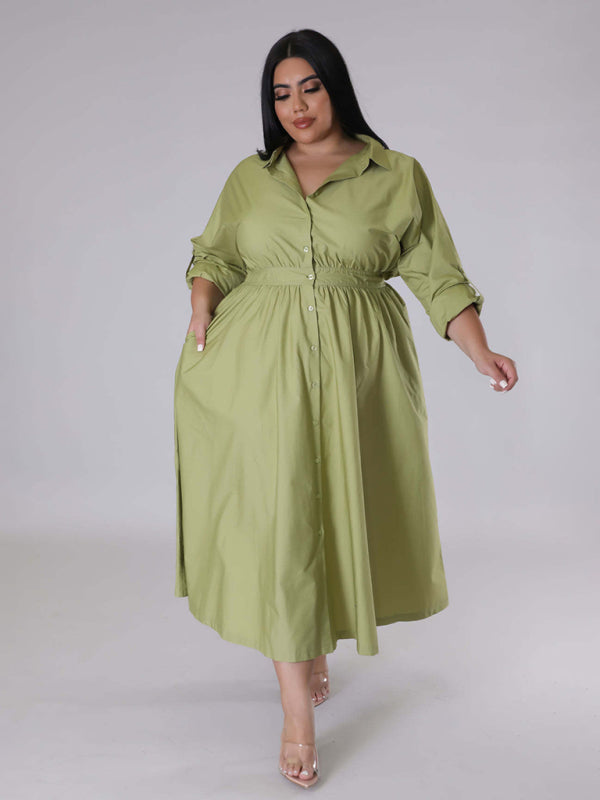 Plus Size Women's Solid Color Long Sleeve Shirt Dresses