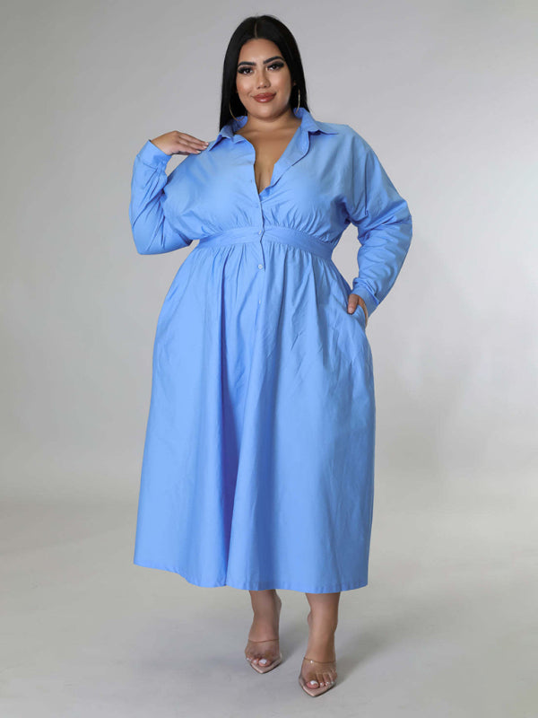 Plus Size Women's Solid Color Long Sleeve Shirt Dresses