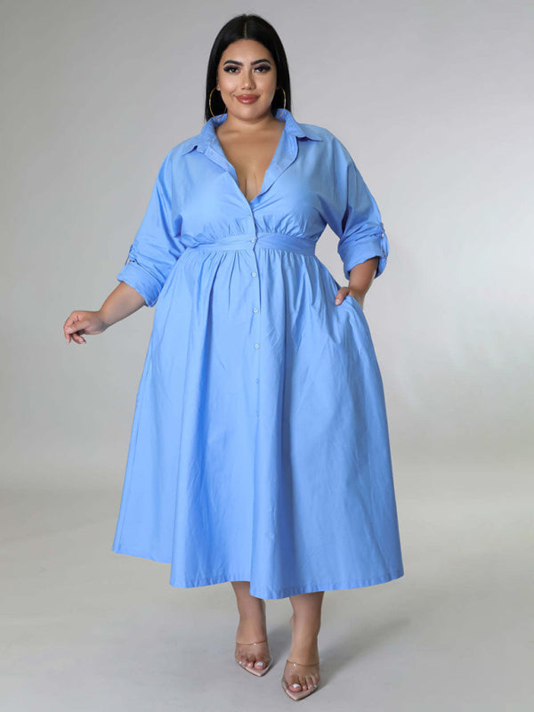 Plus Size Women's Solid Color Long Sleeve Shirt Dresses