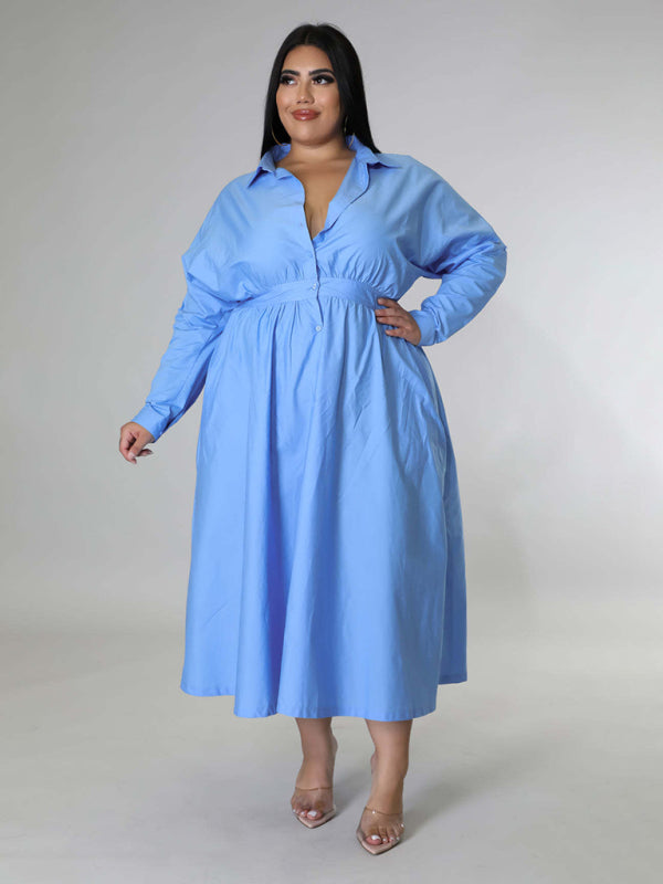 Plus Size Women's Solid Color Long Sleeve Shirt Dresses