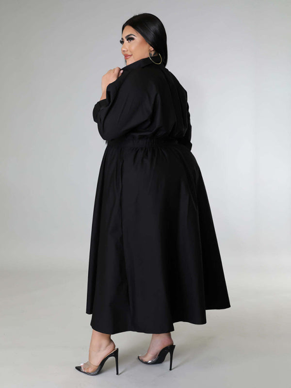 Plus Size Women's Solid Color Long Sleeve Shirt Dresses