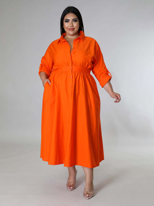 Plus Size Women's Solid Color Long Sleeve Shirt Dresses