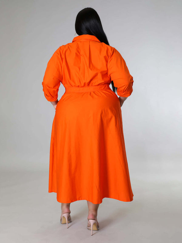 Plus Size Women's Solid Color Long Sleeve Shirt Dresses