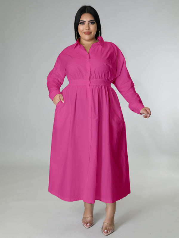 Plus Size Women's Solid Color Long Sleeve Shirt Dresses