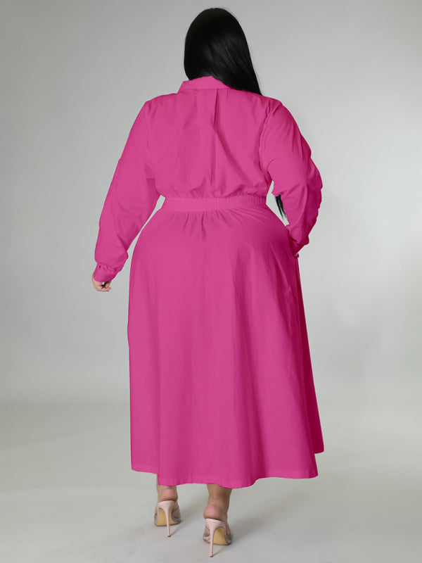 Plus Size Women's Solid Color Long Sleeve Shirt Dresses