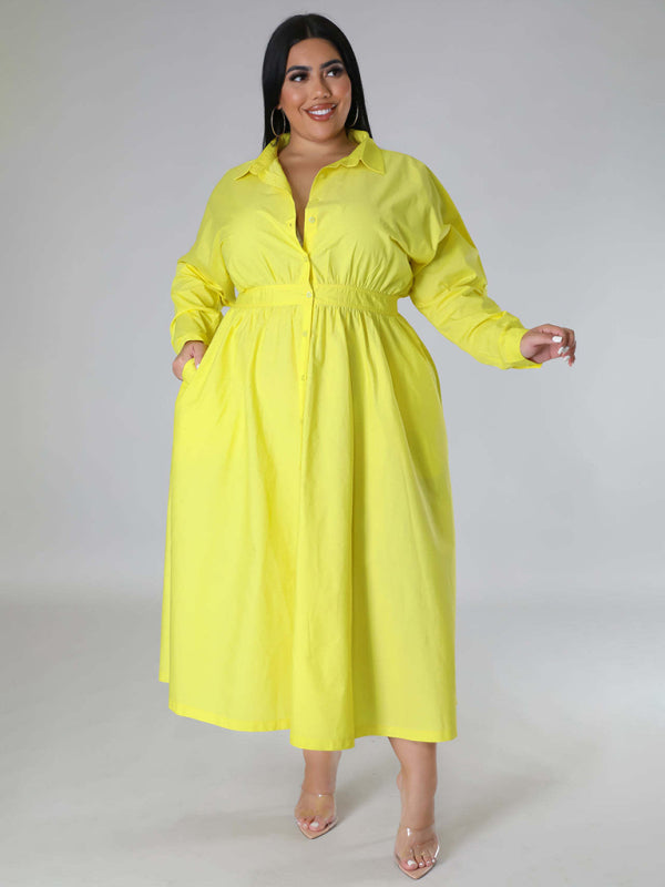 Plus Size Women's Solid Color Long Sleeve Shirt Dresses