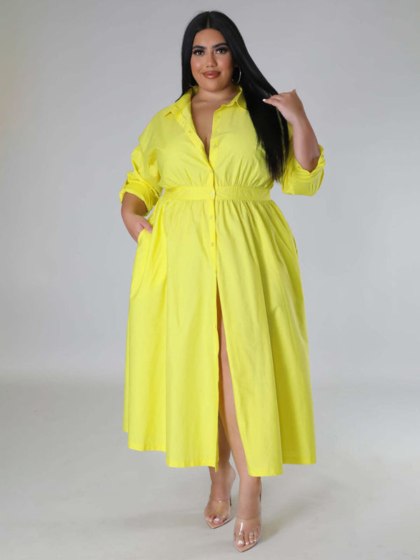 Plus Size Women's Solid Color Long Sleeve Shirt Dresses