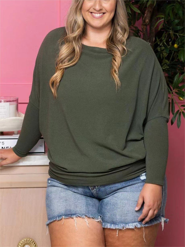 Plus size women's casual solid color long sleeve T-shirt