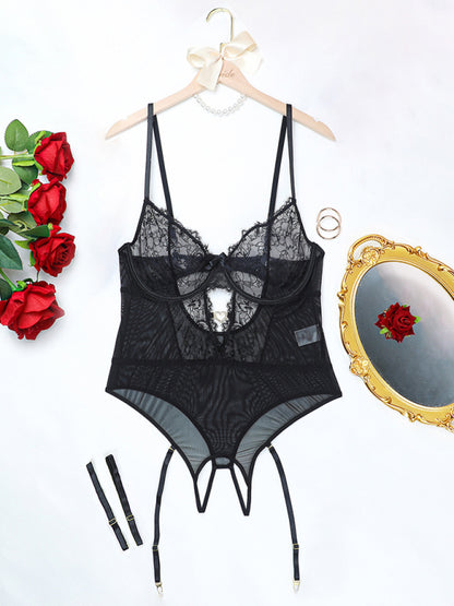 Plus Size Women's Eyelash Lace Bodysuit Sexy Lingerie Set - Hiccupzz