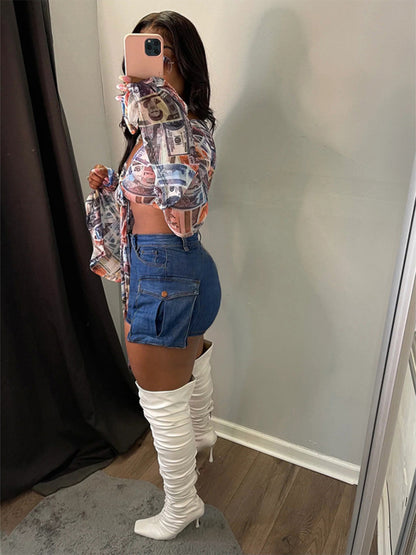 Ladies new retro washed stretch denim cotton short hip skirt pants - Hiccupzz