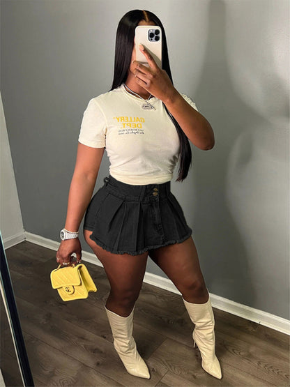 Ladies new retro washed stretch denim cotton short hip skirt pants - Hiccupzz