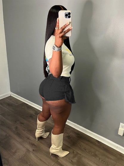 Ladies new retro washed stretch denim cotton short hip skirt pants - Hiccupzz