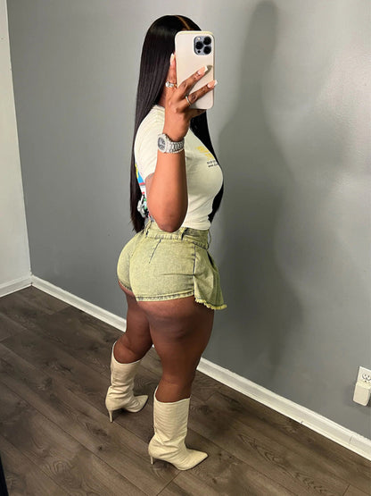 Ladies new retro washed stretch denim cotton short hip skirt pants - Hiccupzz