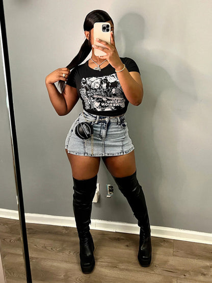 Ladies new retro washed stretch denim cotton short hip skirt pants - Hiccupzz