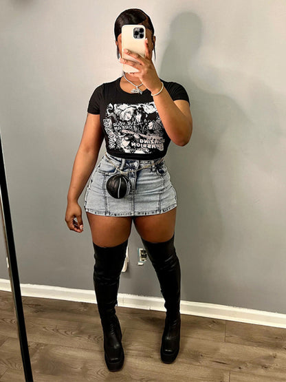 Ladies new retro washed stretch denim cotton short hip skirt pants - Hiccupzz