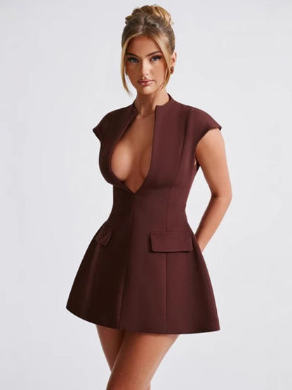 New solid color pocket sleeveless sexy V-neck high waist short dress - Hiccupzz