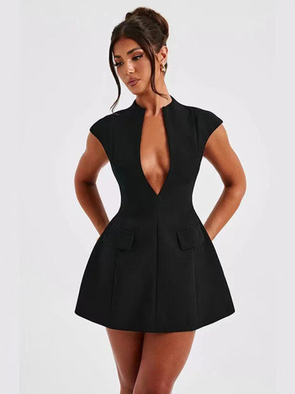 New solid color pocket sleeveless sexy V-neck high waist short dress - Hiccupzz