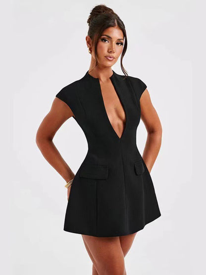 New solid color pocket sleeveless sexy V-neck high waist short dress - Hiccupzz