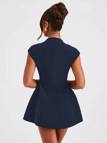New solid color pocket sleeveless sexy V-neck high waist short dress - Hiccupzz