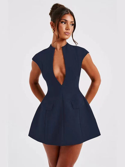 New solid color pocket sleeveless sexy V-neck high waist short dress - Hiccupzz