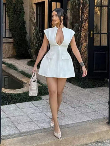New solid color pocket sleeveless sexy V-neck high waist short dress - Hiccupzz