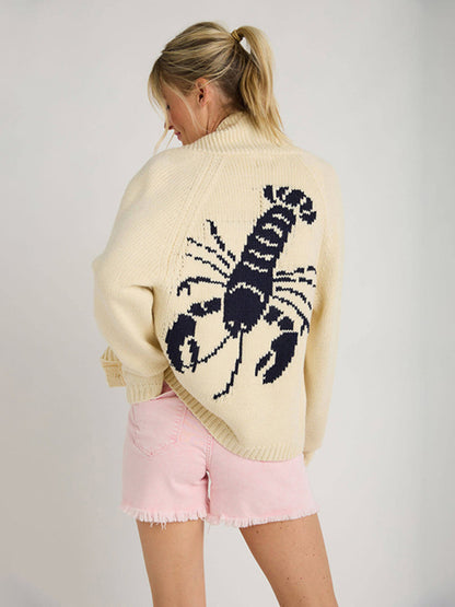 New Sweater Single-Breasted Long-Sleeved Lobster Print Knit Cardigan - Hiccupzz