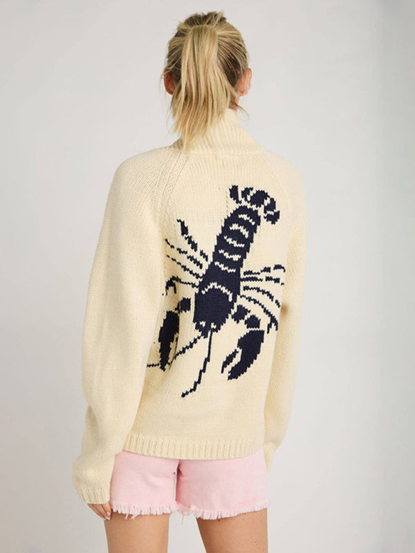 New Sweater Single-Breasted Long-Sleeved Lobster Print Knit Cardigan - Hiccupzz