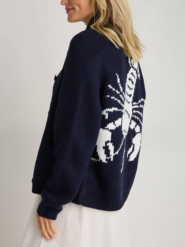 New Sweater Single-Breasted Long-Sleeved Lobster Print Knit Cardigan - Hiccupzz