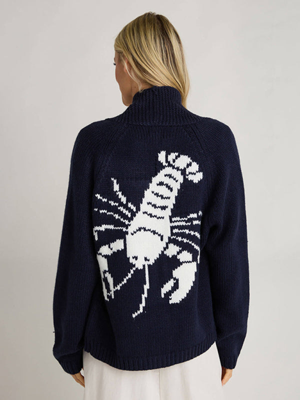 New Sweater Single-Breasted Long-Sleeved Lobster Print Knit Cardigan - Hiccupzz