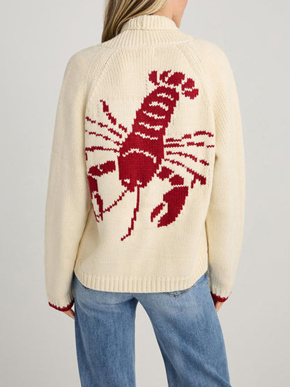 New Sweater Single-Breasted Long-Sleeved Lobster Print Knit Cardigan - Hiccupzz