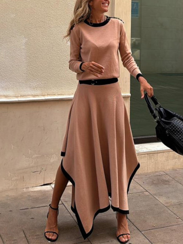 Long-sleeved irregular solid color skirt two-piece set - Hiccupzz