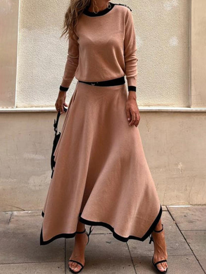 Long-sleeved irregular solid color skirt two-piece set - Hiccupzz