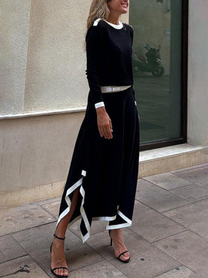 Long-sleeved irregular solid color skirt two-piece set - Hiccupzz