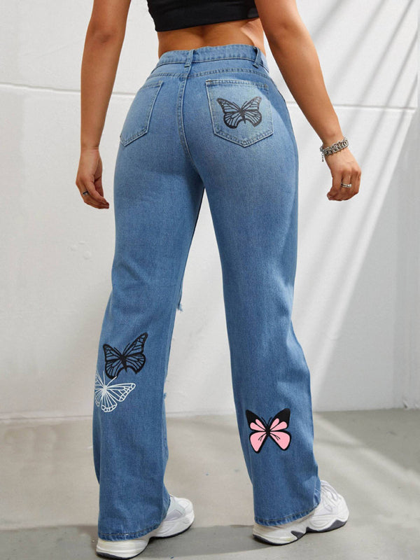 Butterfly Printed Ripped Fashion Straight High Waist Contrast Denim Pants - Hiccupzz