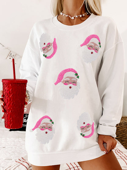 New Women's Santa Claus Sequin Embroidery Loose Casual Long Sleeve Sweater