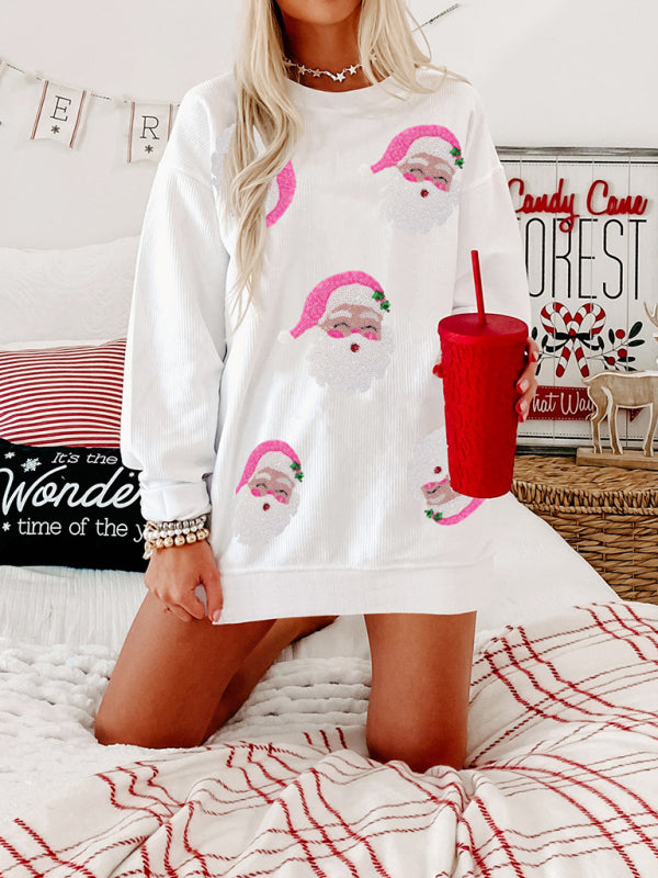 New Women's Santa Claus Sequin Embroidery Loose Casual Long Sleeve Sweater