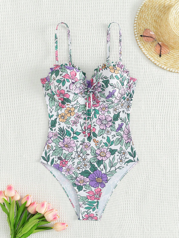 Sexy one-piece swimsuit with bowknot floral print