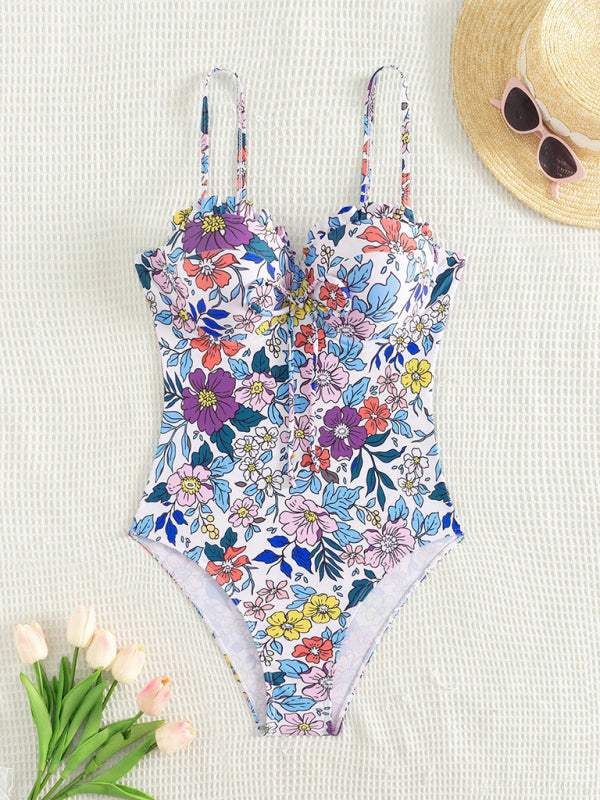 Sexy one-piece swimsuit with bowknot floral print