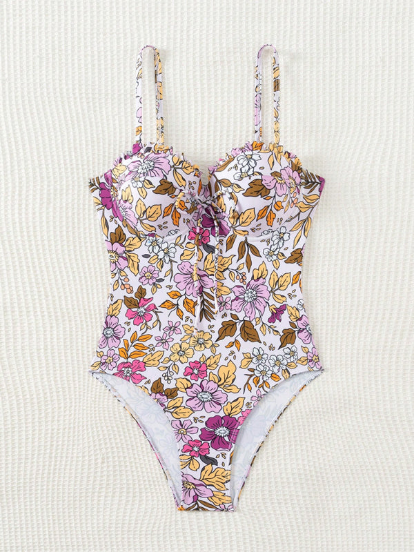 Sexy one-piece swimsuit with bowknot floral print