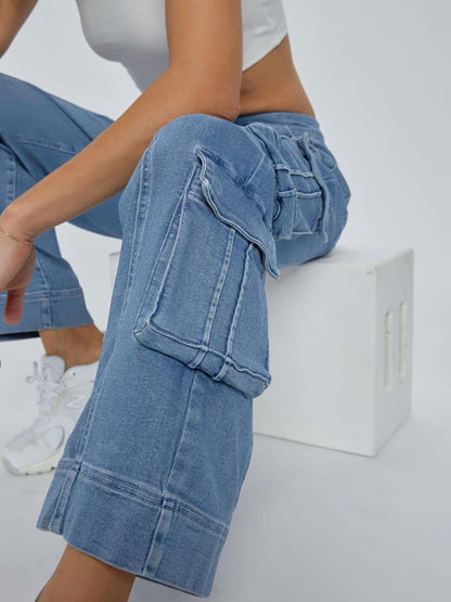New Street Wash Overalls Multi-Pocket Wide-Leg Lace-Up Jeans