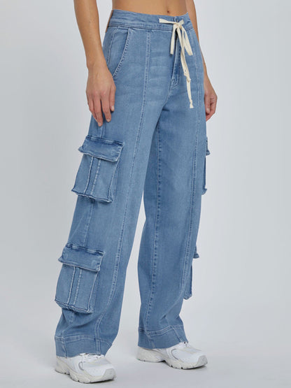 New Street Wash Overalls Multi-Pocket Wide-Leg Lace-Up Jeans