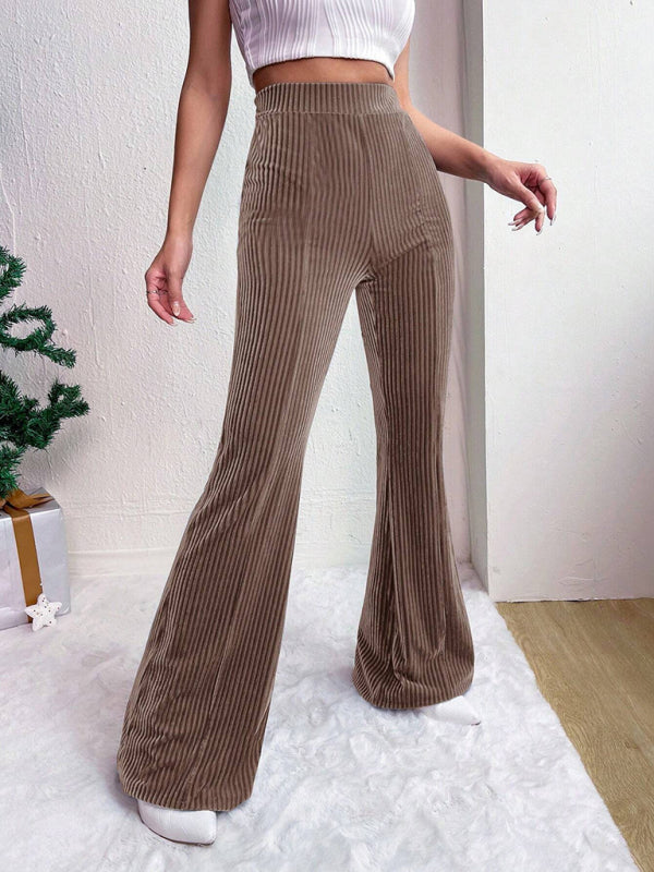 Women's high waist corduroy flared pants solid color casual wide leg long sweatpants