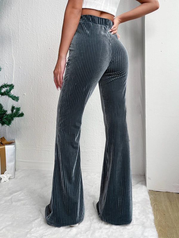 Women's high waist corduroy flared pants solid color casual wide leg long sweatpants