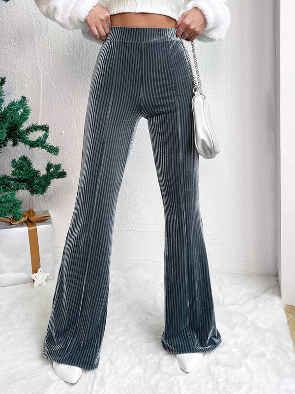 Women's high waist corduroy flared pants solid color casual wide leg long sweatpants