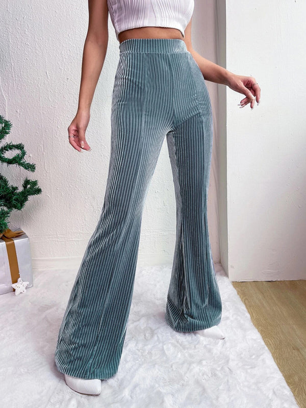 Women's high waist corduroy flared pants solid color casual wide leg long sweatpants