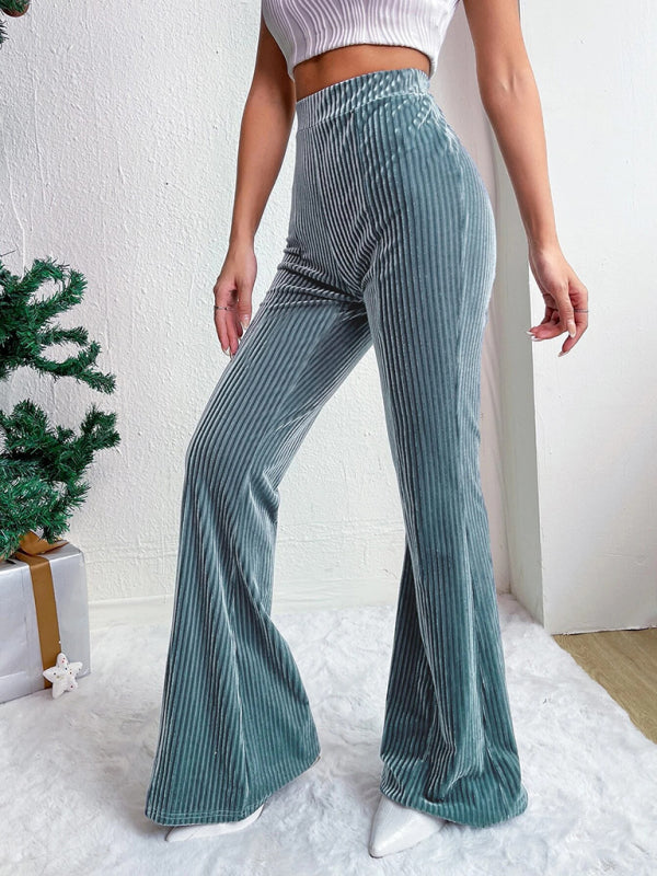 Women's high waist corduroy flared pants solid color casual wide leg long sweatpants