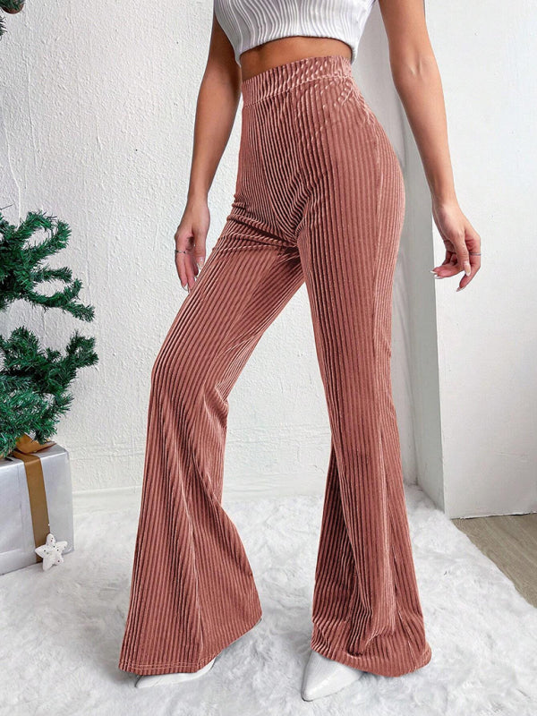 Women's high waist corduroy flared pants solid color casual wide leg long sweatpants