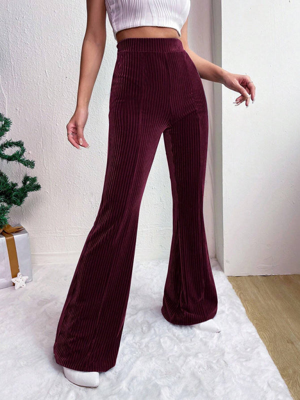 Women's high waist corduroy flared pants solid color casual wide leg long sweatpants