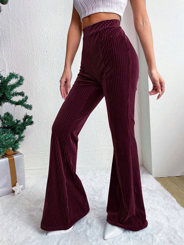 Women's high waist corduroy flared pants solid color casual wide leg long sweatpants