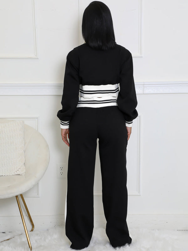 Color Block Stitching Contrast Wide Leg Flared Pants Two-Piece Set